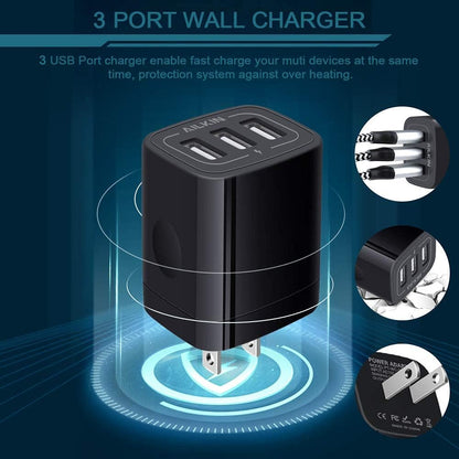 Wall Charger Plug, USB Charger Cube,  3.1A 3-Muti Port USB Adapter Power Plug Charging Station Box Black Base for Iphone 15 14 13 12 11 Pro Max/Se/Xr/Xs/X, Samsung Galaxy Phones USB Charge Block